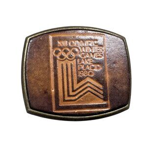 Belt Buckle Brass and Leather Embossed Lake Placid Olympics Winter New York